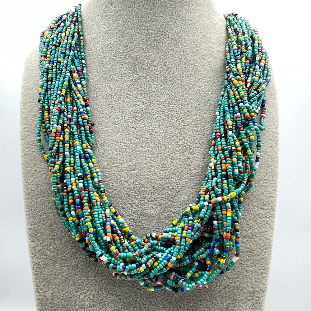 Boho Multicolor Seed Bead Multi-Strand Necklace with Wooden Clasp